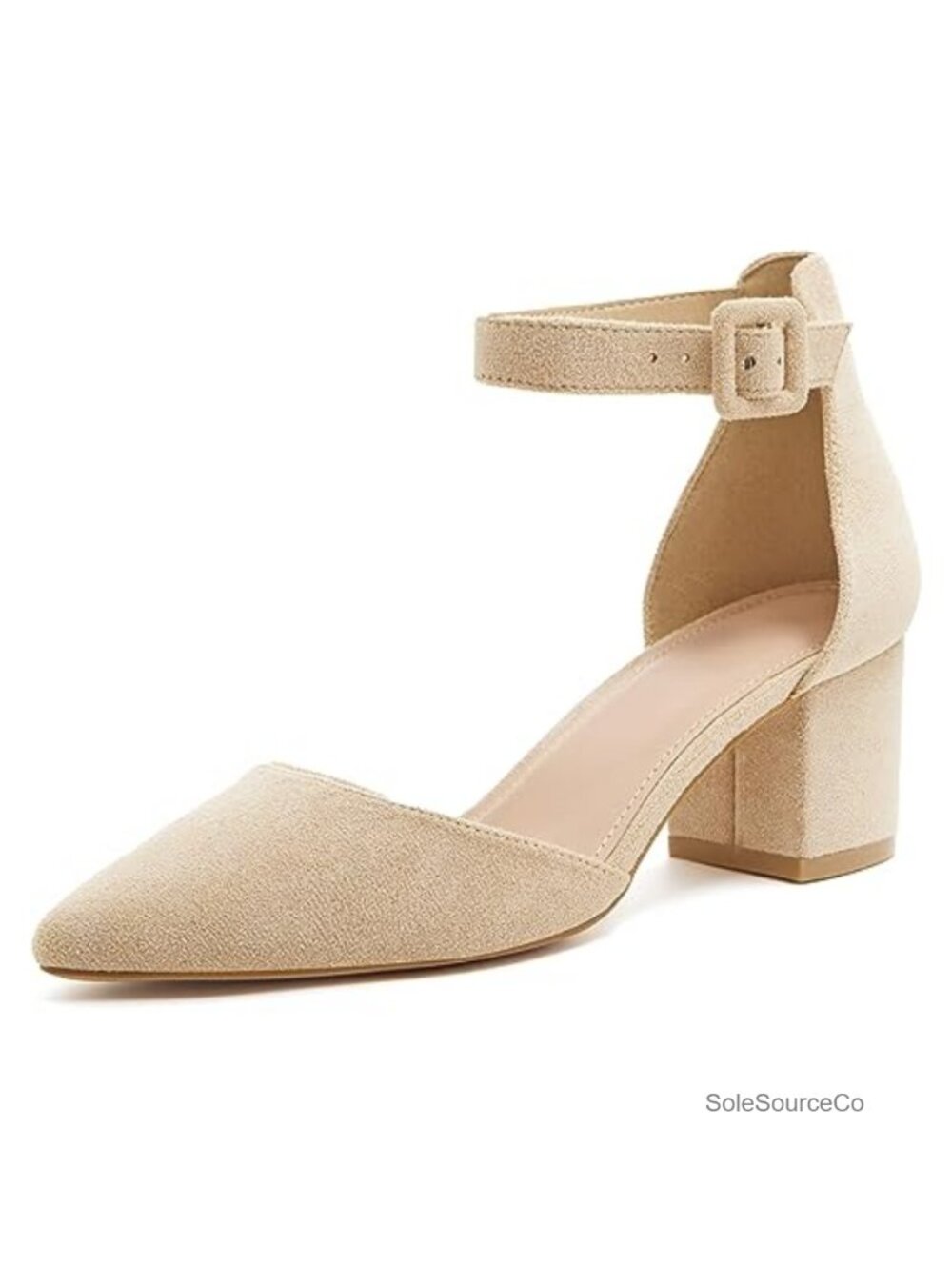 Women's Pointed Toe Ankle Strap Chunky Block Heel Pumps Faux Suede D'Orsay Shoes